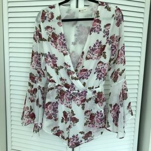 Nasty Gal Plunge Floral Romper with Bell Sleeves